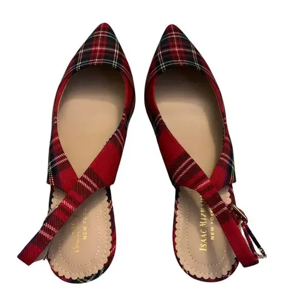 Isaac Mizrahi Red Green Plaid Slingback Pointed Toe Heels Size 8.5 Pumps Preppy - Picture 8 of 9